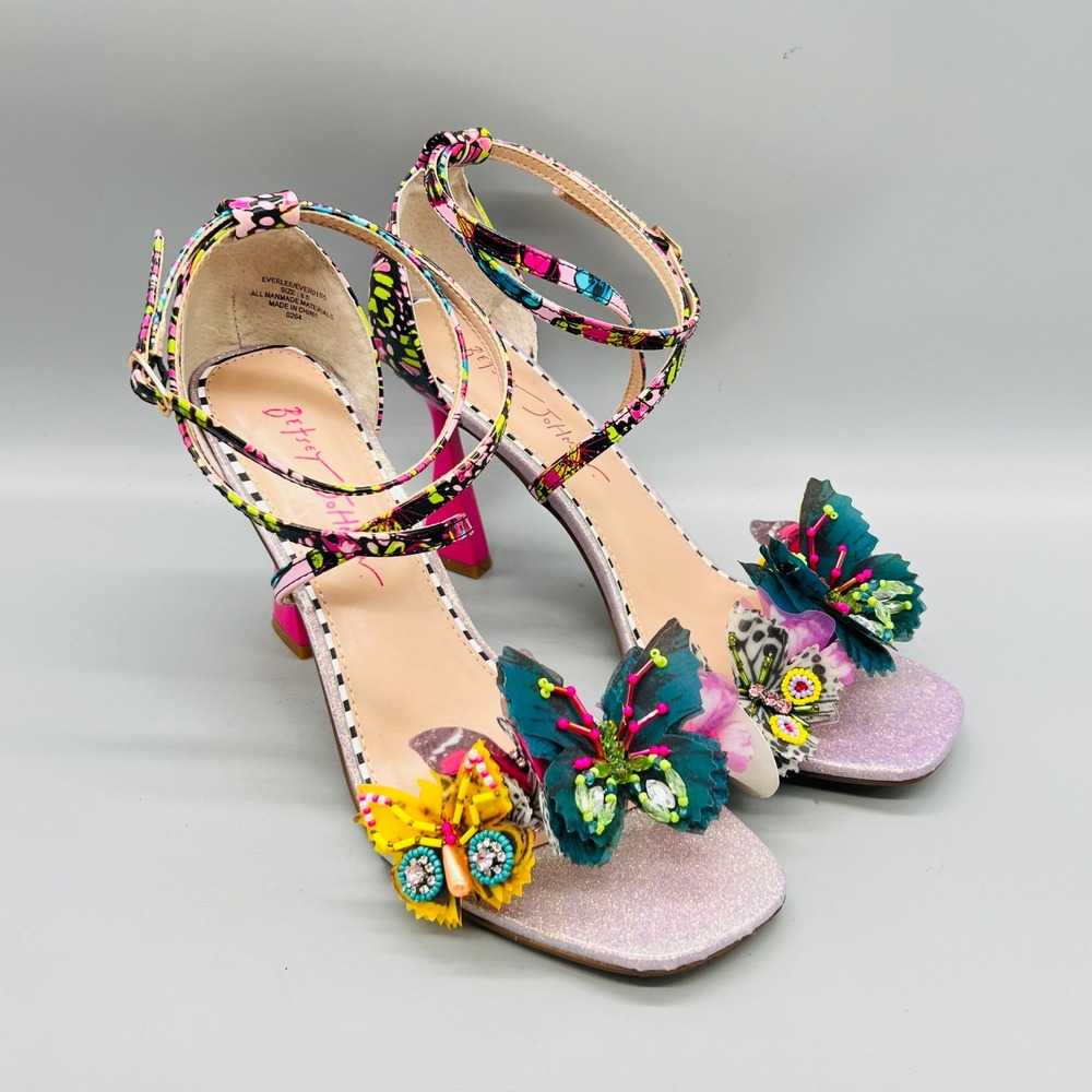 Betsey Johnson Sandals Womens 8.5 Multi Color Glitter Butterfly Floral Everlee